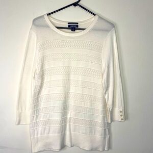 Women's Lands End Fancy White Supima Cotton 3/4 Length Blouse Sweater L‎ Coastal